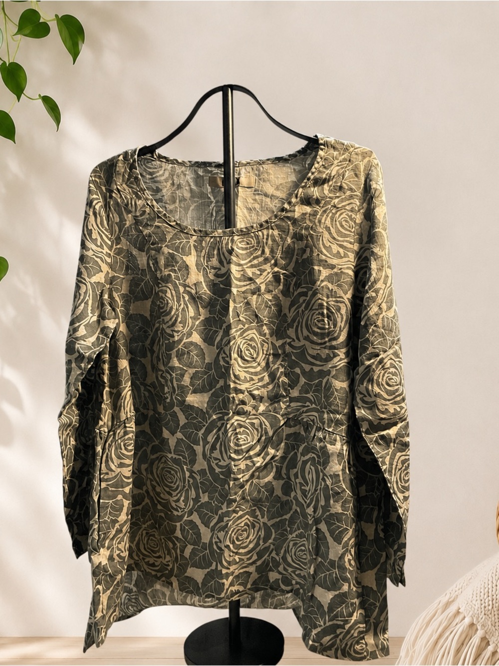 Flax 100% Linen Olive and Cream Floral Long-Sleeve Tunic-Small-NWOT